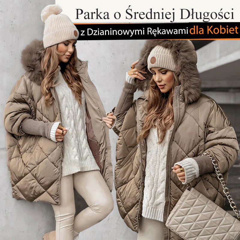 ❄️Winter Specials❄️ Damski płaszcz parka średniej długości z dzianinowymi rękawami Patchwork