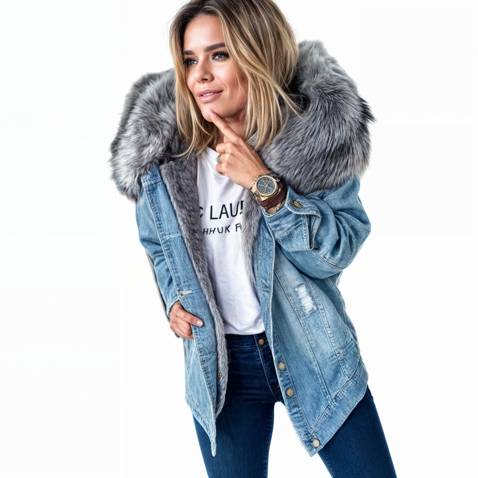 Damska kurtka jeansowa z kołnierzem ze sztucznego futerka